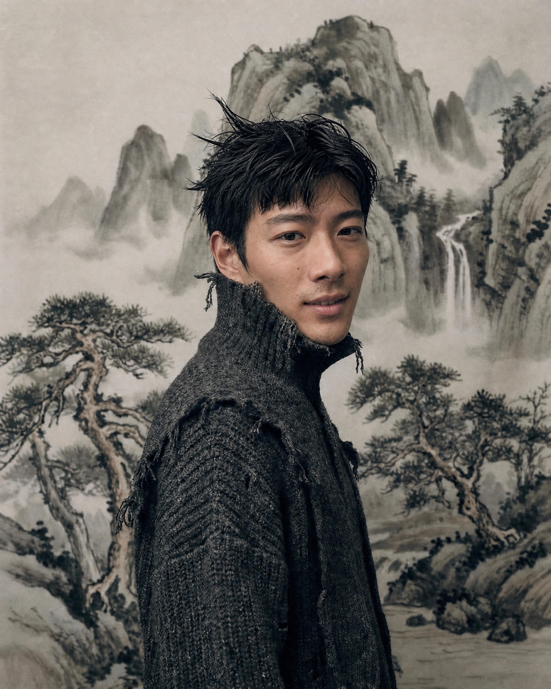 参考第一张图的构图、服装、发型和中国水墨山水背景风格，将人物替… - 图片创意预览