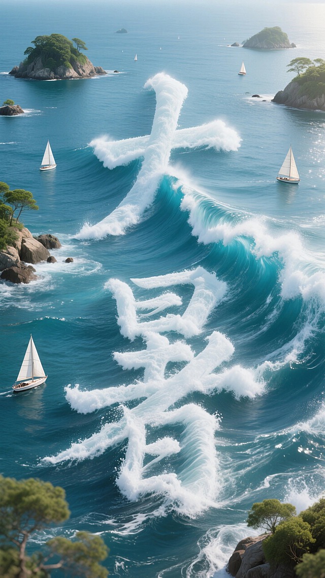 海浪组成的“大暑”大字，四周是岛屿和船