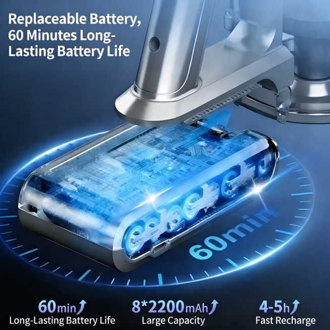 将图片中的中文翻译成英文，“可替换电池，60分钟长效续航”译为“Replaceable Battery, 60 Minutes Long-Lasting Battery Life”，“60min 长效预览效果