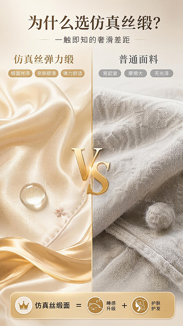 [第7张] 详情页面料对比-仿真丝弹力缎 vs 普通面料质感对比页。本张使用【图1】中米杏色枕头面料作为左侧优质面料展示主体。
[氛围/风格] 对比测评风，左右分屏，直观清晰，商业摄影质感，高级感。
[元素布局] 画面左右分屏对比：左侧「仿真丝弹力缎」——展示米杏色枕头缎面特写，光泽流动，纹理细腻，旁边放一颗水珠展示顺滑度，配丝绸飘动元素；右侧「普通面料」——展示粗糙棉质面料，哑光无光泽，纹理粗糙，配毛球、起皱元素；中间用金色VS分隔；背景为渐变灰金，简洁突出对比。
[光影质感] 顶部柔光均匀打亮，左侧缎面呈现明显高光流动感，右侧面料呈现哑光粗糙质感，对比鲜明。
[配色色系] 全局底色 #F0EBE3（暖灰米）；左侧主色香槟金、米杏；右侧主色灰调哑光；中间金色VS分隔线。
[视角构图] 正面平视，左右对称构图，阅读动线顶部标题 → 左右对比 → 底部结论。
[文字版式] 顶部主标题「为什么选仿真丝缎？」，副标题「一触即知的奢滑差距」；左侧上方文字「仿真丝弹力缎」，下方3个小标签：「缎面光泽」「亲肤顺滑」「弹力舒适」；右侧上方文字「普通面料」，下方灰色小字标注「易起皱」「摩擦大」「无光泽」；底部金色结论条「仿真丝缎面 = 睡感升级 + 护肤护发」。
[比例分辨率] 9:16竖版比例，4K分辨率，文字清晰可辨，高清画质。
[负向提示词] 面料质感失真，颜色偏差，水印，文字错乱，对比不明显。