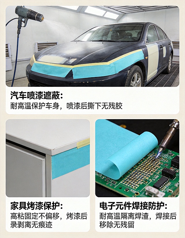 通过这两张图片生成一个淘宝详情页要有使用场景和使用用途这款胶带是3M4737T遮蔽胶带厚度0.14mm蓝色半透明高粘不留痕耐高温高温遮蔽