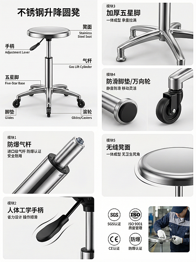 淘宝电商详情页细节与品质全解析屏，3:4比例，现代简约高端风格，纯白背景，上半部分产品细节全景图，中心聚焦，分区域标注细节：气杆、手柄、五星脚、脚垫、滚轮、凳面，光影自然，产品无瑕疵；中间分左右5个模块对应每个细节：模块1「防爆气杆」标注「进口级气杆 防爆认证 安全耐用」搭配气杆特写，模块2「人体工学手柄」标注「省力设计 操作顺滑」搭配手柄特写，模块3「加厚五星脚」标注「一体成型 承重拉满」搭配五星脚特写，模块4「防滑脚垫/万向轮」标注「静音防滑 移动灵活」搭配脚垫/滚轮特写，模块5「无缝凳面」标注「一体成型 无卫生死角」搭配凳面特写；每个微距特写细节清晰可见，精修至无任何灰尘、划痕、指纹，达到出厂级全新状态，明暗对比强烈，细节锐度拉满；下半部分品质检测认证图标，打造专业信任状；画面右下角嵌入小尺寸场景图：工人检查产品细节，凸显产品品控严格；字体简洁高级，整体画面现代简约，高端质感拉满，强化用户信任，2K分辨率
