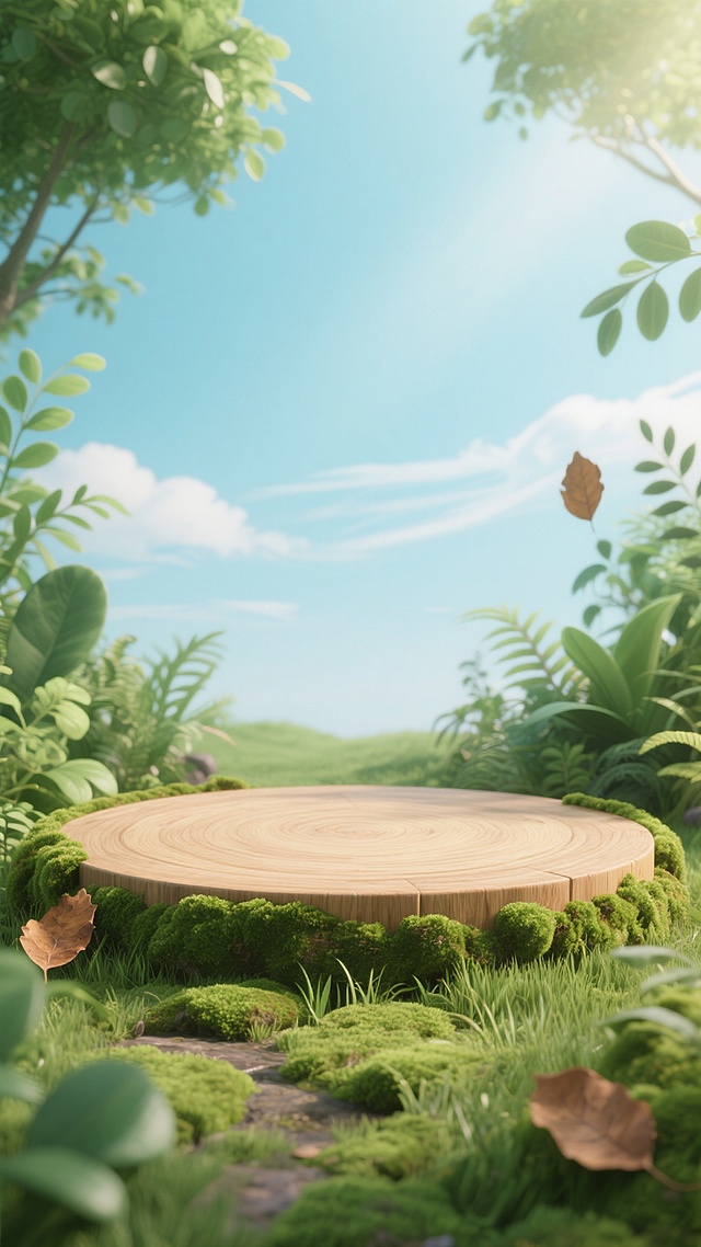 3D渲染风格的自然场景背景，柔和明亮的光线从顶部照射，形成清晰的光影对比，浅淡的蓝天上点缀着几缕白云，前景是圆形的木质平台，边缘覆盖着翠绿的苔藓和青草，四周环绕着各种茂盛的绿色植物和几片棕色枯叶，画面呈现出宁静清新的氛围，整体构图采用中心聚焦的布局，色彩以绿色和蓝色为主色调，带有自然的渐变过渡和细腻的材质质感，适合作为展示平台的背景。