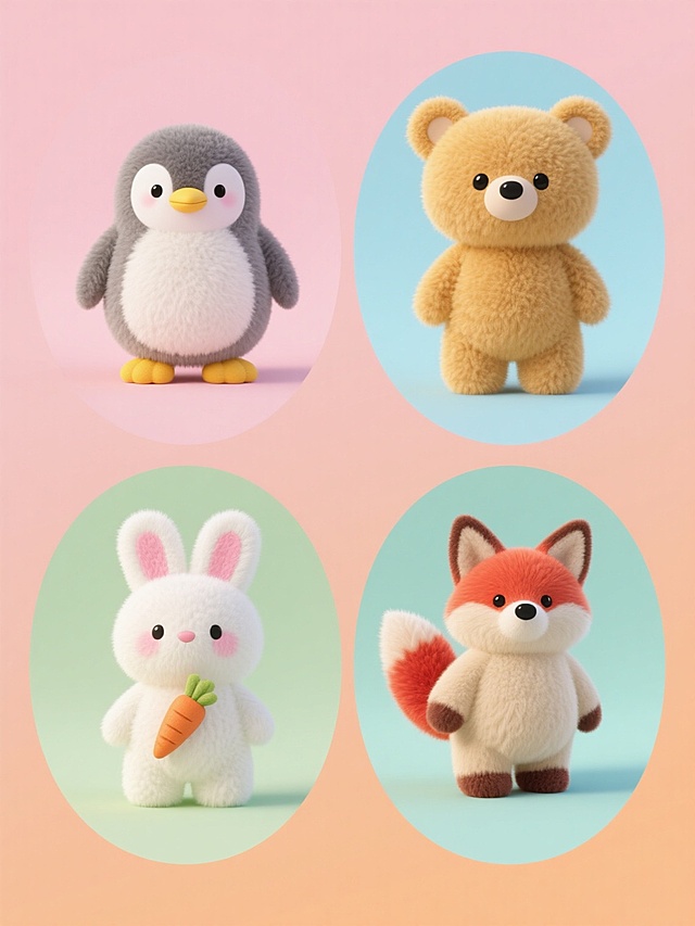 一套四个不同纯色背景的可爱毛绒玩具系列海报，保持高清写实的3D渲染风格，每个玩具都有蓬松柔软的质感和细腻的绒毛细节，圆形构图突出主体。第一张是淡粉色背景上的灰色小企鹅，白色肚皮和黄色喙脚；第二张是浅蓝色背景上的棕黄色小熊，圆耳朵和黑色纽扣眼睛；第三张是浅绿色背景上的白色小兔子，粉色耳朵内侧和胡萝卜形尾巴；第四张是浅橙色背景上的米色小狐狸，红褐色尾巴尖和黑色圆鼻头。所有玩具都采用相同的正面站姿，表情呆萌，光线柔和均匀，阴影自然，整体布局规整对称，色彩明快协调，适合儿童产品宣传。