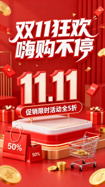 以红色为主色调的双11促销海报，顶部是“双11狂欢 嗨购不停”的白色艺术字，造型富有动感。画面核心是立体的“11.11”大字，搭配“促销限时活动全5折”的标语，周围点缀红色礼盒、标注“50%”的购物袋预览效果