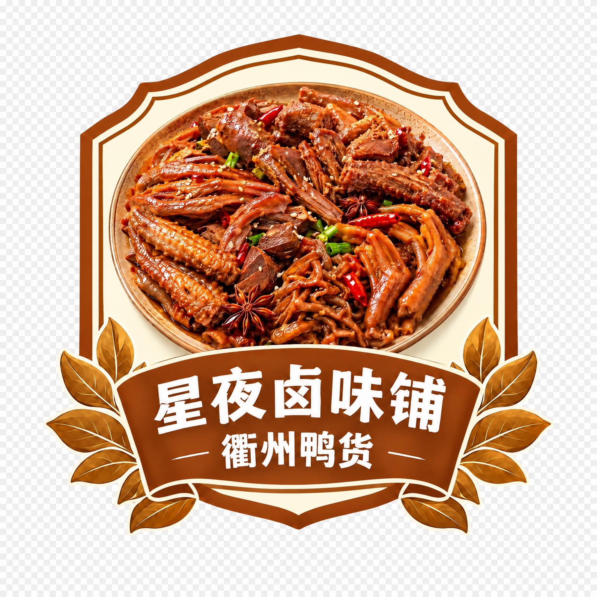 将这张衢州鸭货异形立牌的绿色边框和底部绿色飘带统一换成暖棕色（… - 图片创意预览