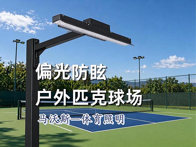将原图片中的方形照明灯产品替换为第二张图中的长条黑色照明灯，完整保留长条灯的产品细节，把背景网球场更换为匹克球场地，将文字修改为“偏光防眩 户外匹克球场 马沃斯—体育照明”，保持原图尺寸、构图和整体风格不变，光线自然融合