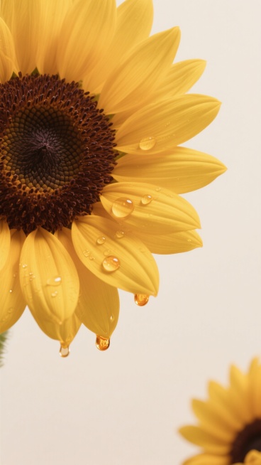高清晰特写镜头下的向日葵，明亮的金黄色花瓣呈现出细腻的渐变质感，中心为深棕色的花盘，表面布满细密的籽粒，几片花瓣上悬挂着晶莹剔透的油滴，油滴呈现出琥珀色的光泽并自然垂落，背景为纯净的米白色，整体画面风格干净简洁，光线柔和均匀，突出向日葵的自然美感和细节纹理，适合作为背景素材使用，右下角有一小部分另一朵向日葵的局部露出，构图平衡且富有层次感。预览效果