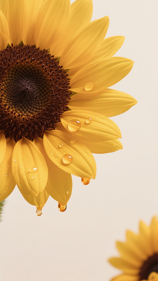 高清晰特写镜头下的向日葵，明亮的金黄色花瓣呈现出细腻的渐变质感，中心为深棕色的花盘，表面布满细密的籽粒，几片花瓣上悬挂着晶莹剔透的油滴，油滴呈现出琥珀色的光泽并自然垂落，背景为纯净的米白色，整体画面风格干净简洁，光线柔和均匀，突出向日葵的自然美感和细节纹理，适合作为背景素材使用，右下角有一小部分另一朵向日葵的局部露出，构图平衡且富有层次感。