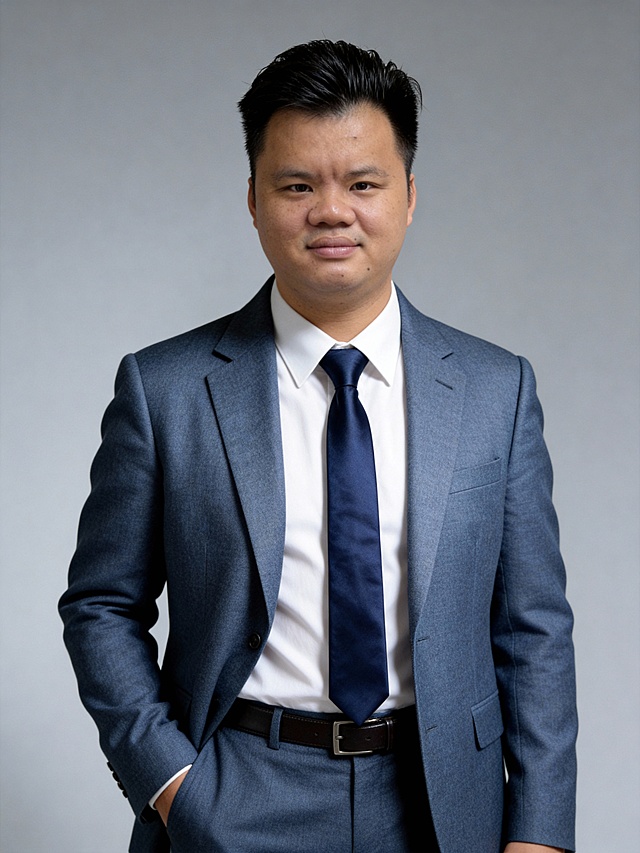 参考第一张图保留人物脸型､发型､年龄等特征生成职场形象照,参考第二张图人物占位和比例,标准焦段50mm,F/4光圈(F/2.8-F/4区间),平视视角(镜头与人物视线齐平);人物占画面70%,人物居中(居中构图),位于画面中心,为视觉聚焦点,入境范围头部及以下至臀部下方10cm(半身像);左右留少量背景空间;头部与画面顶部保留5%空间;头部发型完整,头肩比例协调;身着雾感蓝灰色精纺羊毛混纺西装(面料呈细腻微微哑光质感);内搭高支精梳棉白色衬衫(面料带轻微柔光质感),搭配藏深蓝色真丝缎面领带;下装同色系蓝灰色西裤,深色头层牛皮细皮带(宽度1.5cm),着装正式干练;正式严谨专业稳重,身形匀称,姿态端正｡呈正面单手插兜的站立姿态仅露出手腕部分),肢体自然,自信从容;发梢微微修整干练大气,主体锐利,影棚侧光布光(主光来自画面前方),明暗过渡柔和,背景光线均匀,强化色彩对比的高级感｡简约偏冷调中灰度纯色背景(呈现均匀柔和质感),极简干净;32K画质超高分辨率､细节清晰,现代精致感风格;肤质精细化处理;眼神直视镜头,目光坚定且澄澈,表情自然.嘴角上扬;面部光比1:1.5,4800K中性光,微微修饰脸型,肤质哑光细腻,面部雾面柔光,轻透裸肌感,真实毛孔纹理,32K画质,去除人物之外的所有元素｡严格按照第一张图内容生成｡