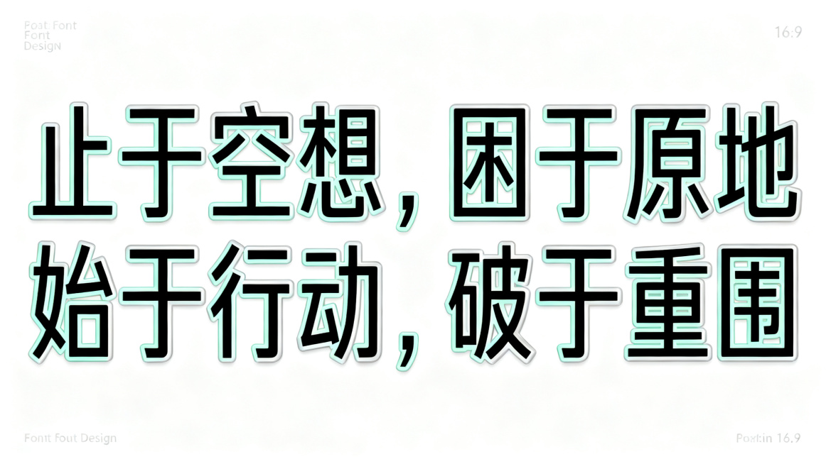 干净的纯白色背景。平面艺术字体设计，十六个文字"止于空想，困于原地；始于行动，破于重围"，分两行横向排列，清新镂空文字风格，现代无衬线黑体风格，字形结构平衡，笔画粗细均匀，笔画转折处做轻微圆角处理，字预览效果