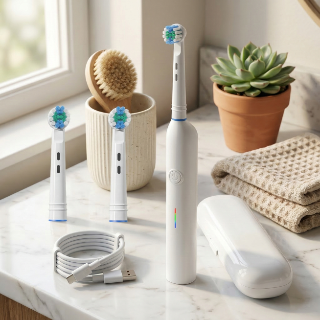 800x800 square image, pure scene layout (no text), electric toothbrush with case and 2 brush heads p预览效果