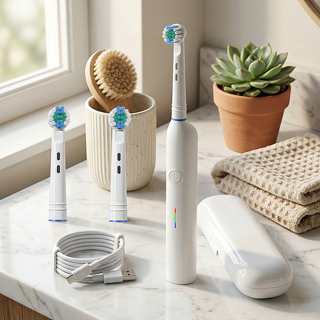 800x800 square image, pure scene layout (no text), electric toothbrush with case and 2 brush heads placed naturally on a white marble bathroom countertop, next to a ceramic cup, folded towel, and small potted succulent. Soft morning light from left window, warm 3500K tone, gentle shadows. Product is exact replica from original image, no modification, integrated naturally into scene. Shallow depth of field, photorealistic, high detail.