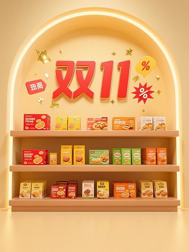 明亮温暖的3D渲染电商货架展示图，以金色和米黄色为主色调，顶部弧形灯带提供柔和均匀照明，三层浅棕色货架整齐排列，各类包装食品错落有致摆放，包装色彩丰富鲜艳，包括红色、黄色、绿色、橙色等，画面上方有醒目的“双11”红色立体字样，周围点缀金色闪光和促销符号如折扣标签、爆炸贴，整体构图对称平衡，光影过渡自然，营造出欢快热烈的购物氛围，适合电商营销传播。