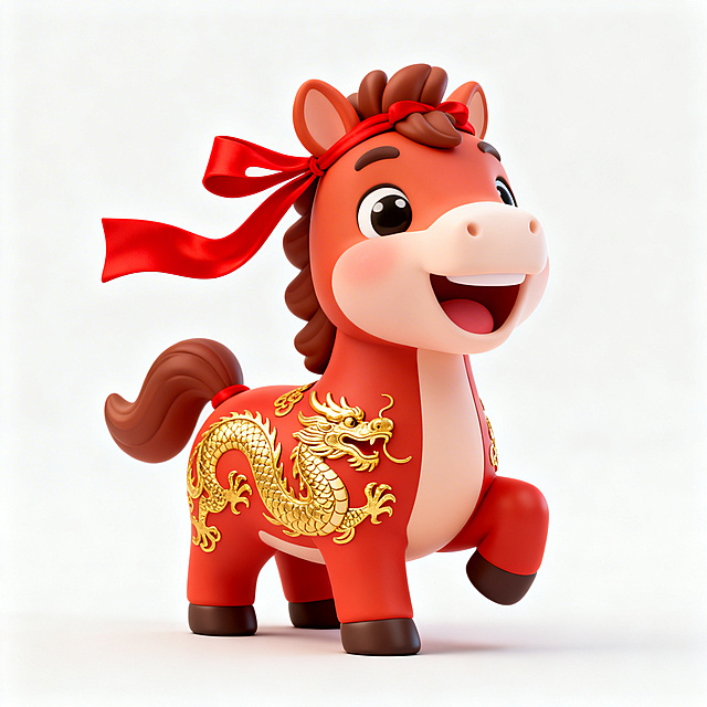 软3D风格萌趣小马，红金配色融合国潮与鎏金元素，身披浮雕龙纹，头系红绸，尽显中式喜庆与可爱感。