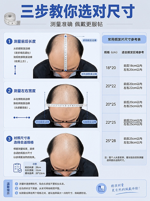 男士假发片量尺寸教学页，教用户如何正确测量。画面主体为男士头部俯视示意图，用软尺测量脱发区域的长度和宽度，标注清晰的测量方法。分三步展示：第一步：测量前后长度（从前额脱发边缘到后枕部脱发边缘）；第二步：测量左右宽度（从左侧脱发边缘到右侧脱发边缘）；第三步：对照尺寸表选择合适规格。旁边配尺寸参考表，标注常见规格如18*20cm、20*22cm、20*25cm等。背景为浅蓝灰色，干净专业。主标题「三步教你选对尺寸」，副标题「测量准确 佩戴更服帖」。配测量示意图和软尺图标，步骤清晰易懂，教学风格，信息图质感。