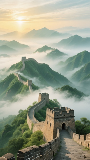气势恢宏的中国长城蜿蜒盘旋于青翠层叠的山峦之巅，云雾如轻纱般缭绕其间，晨光穿透云层洒下柔和的金色光辉，远山在薄雾中若隐若现，古老的城砖细节清晰可见，烽火台矗立守护，整体呈现清新雅致的青绿山水色调，营造出宁静悠远而充满生机的意境，具有中国传统水墨画的韵味与现代数字艺术的细腻质感。预览效果