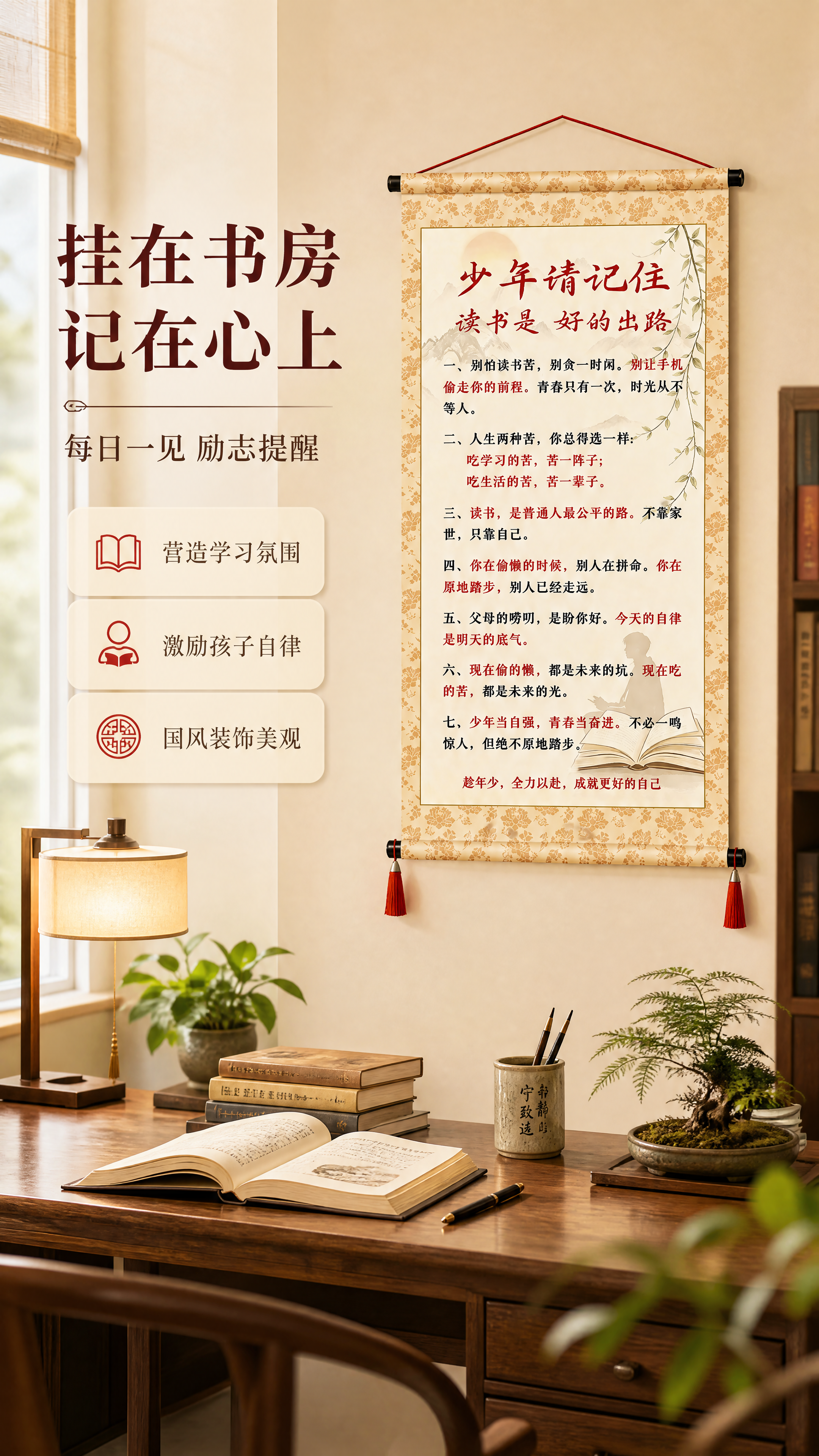 [商品] 使用【图1】少年请记住励志挂画；保留国风卷轴造型、米… - 图片创意预览