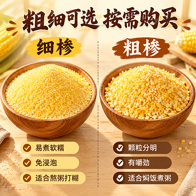[主图-8] 细糁粗糁规格对比 两种规格选择。
[统一基调] 淘宝/天猫粮油米面风格 自然暖阳逆光 暖黄+米白+深木棕配色 主标题用粗笔刷书法厚重字 米白字加轻微阴影 辅助文案用清爽黑体 整体专业品质有食欲感 无平台Logo无水印。
[画面] 左右对比构图 左侧木碗盛放细糁玉米糁 颗粒细腻如沙 右侧木碗盛放粗糁玉米糁 颗粒稍大有碎粒感 两碗并排摆放 中间有分隔线 上方分别标注「细糁」和「粗糁」 下方对应各自特点 细糁侧标注「易煮软糯 免浸泡 适合熬粥打糊」 粗糁侧标注「颗粒分明 有嚼劲 适合焖饭煮粥」 背景是浅色木质桌面 暖光照射。
[光影质感] 顶部暖光均匀照射 两碗玉米糁颗粒清晰 对比明显 商业摄影质感 颗粒有金黄光泽。
[配色] 主色金黄+浅木色 标题深棕色 细糁侧用暖黄色调 粗糁侧用深一点的金棕色调 区分明显。
[文字版式] 画面顶部居中 主标题粗笔刷书法体「粗细可选 按需购买」 两碗上方分别标注「细糁」「粗糁」 碗下方分别列出特点 文字清晰 左右对称布局。
[输出要求] 1:1正方形 2048px 文字清晰可读 两种规格对比明确 禁止变形 错字 模糊 水印 平台Logo 禁止绝对化用语。