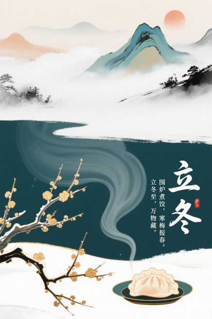 新中式水墨风立冬海报，3:2竖版构图。上部水墨山水云雾缭绕，下部寒梅枝干点缀，暖烟袅袅的饺子置于右下角。题字“立冬”采用行书笔意，配文“立冬至，万物藏。围炉煮饺，寒梅报春。”，笔墨浓淡相宜，带飞白与枯预览效果