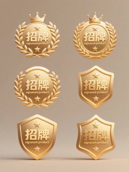 一系列6个造型各异但保持核心元素统一的金色徽章设计，每个徽章均以“招牌”二字及英文“signature product”为中心，上方配有小王冠元素，周围环绕橄榄枝装饰和五颗五角星，整体采用相同的3D金属质感，金色渐变色调，高光与阴影处理细腻，背景为纯色，所有徽章规整排列，形成具有统一视觉风格的系列素材集合，每个徽章在保持核心文字与符号不变的前提下，通过橄榄枝形态、星星排列方式、边框细节设计以及……预览效果