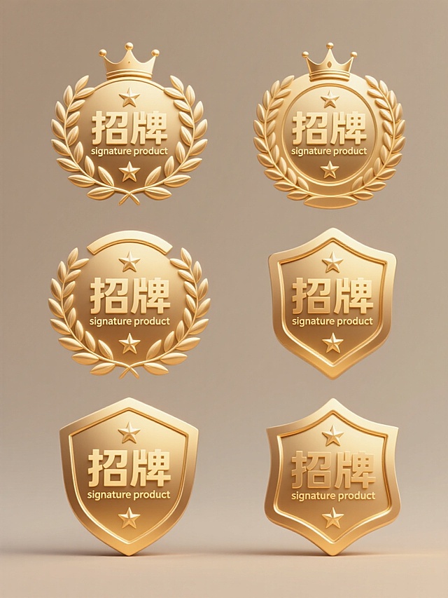 一系列6个造型各异但保持核心元素统一的金色徽章设计，每个徽章均以“招牌”二字及英文“signature product”为中心，上方配有小王冠元素，周围环绕橄榄枝装饰和五颗五角星，整体采用相同的3D金属质感，金色渐变色调，高光与阴影处理细腻，背景为纯色，所有徽章规整排列，形成具有统一视觉风格的系列素材集合，每个徽章在保持核心文字与符号不变的前提下，通过橄榄枝形态、星星排列方式、边框细节设计以及整体轮廓造型的差异化处理，展现出独特的视觉变化。