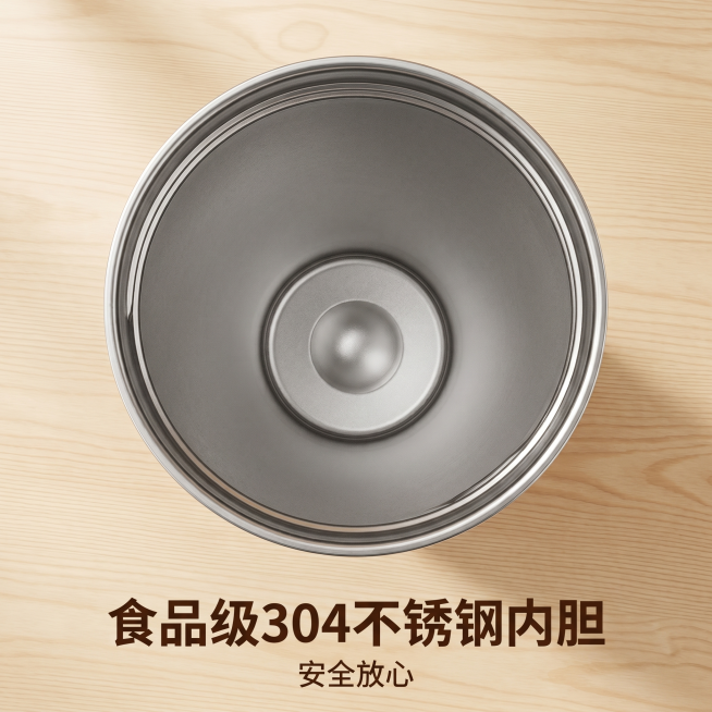 [主图 3] 潮品水杯内胆材质细节展示主图。[氛围风格] 专业品质展示风，干净安全的视觉感受；[画质] 商业摄影质感，光线柔和通透，产品清晰真实，画面干净高级。[元素] 俯视角度展示水杯不锈钢内胆，内预览效果