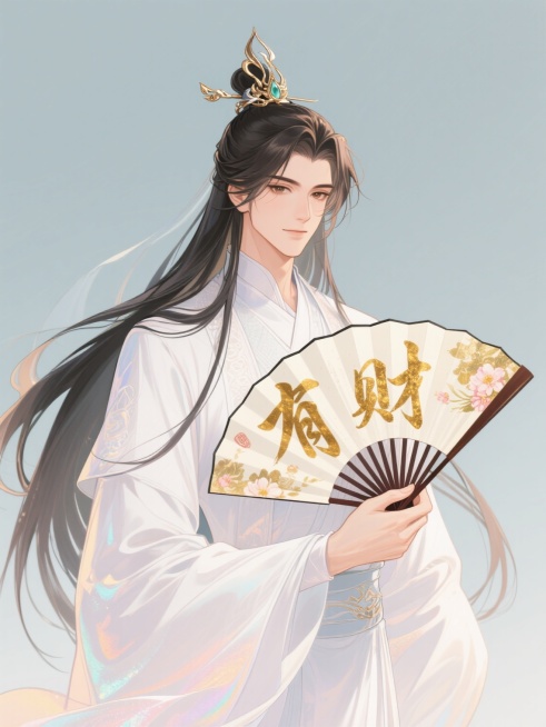 温馨柔和的氛围，逆水寒风格二次元花美男，俊酷飘逸的长发，头发上佩戴金属光闪闪的发簪，身着白色流沙飘逸的长袍，手持古风扇子，扇子上写有“有财”鎏金大字，古风预览效果