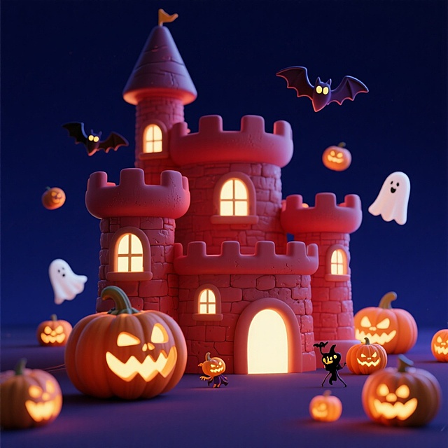 一座暗红色的奇幻城堡，城堡上有发光的窗户，城堡周围有多个发光的南瓜灯（包括大型南瓜灯和小型南瓜灯），还有蝙蝠、幽灵等万圣节元素点缀。背景为深色夜空。