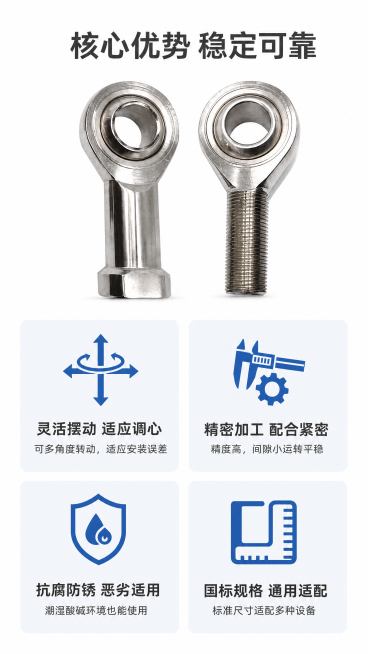 [第4屏] 核心功能优势演示屏，展示不锈钢关节轴承四大核心优势。
[氛围/风格] 清爽专业工业风，图文结合，功能分区清晰，视觉通透干净。
[元素布局] 产品放置在画面上方中心位置，占据画面约40%区域预览效果