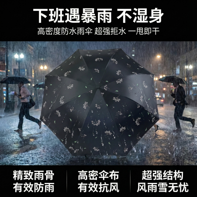 这张图片是产品主体这款产品是手动雨伞   我需要设计20张主图在拼多多上面售卖    可以用 早八赶地铁、下班遇暴雨 孩子上学怕淋雨、放学 怕晒黑 爬山、野餐、海边游玩？晴雨两用伞搞定所有天气等场景预览效果
