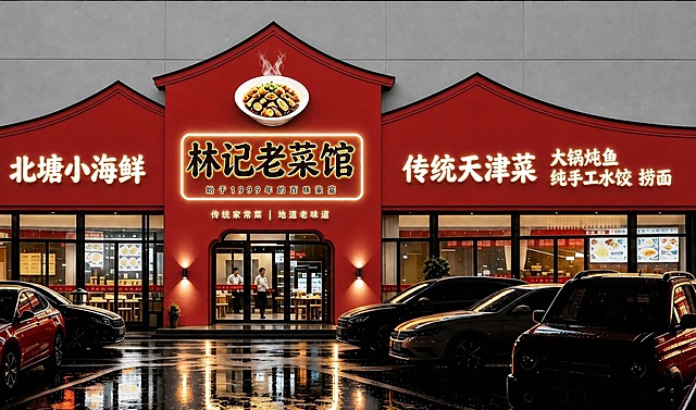 将门头招牌部分（三个中式屋檐造型的招牌区域）恢复为红色，保留原有发光字和装饰，上方背景墙保持银色不变，门窗、车辆、地面等其余部分保持原样