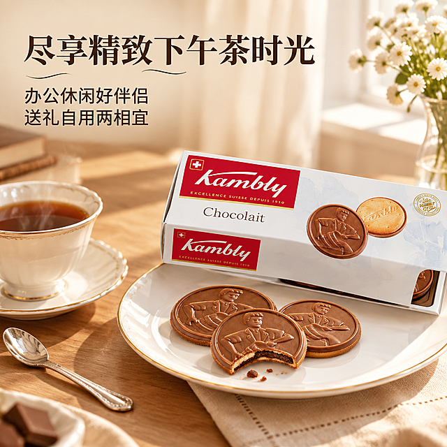 [主图-4] 场景与体验图，核心任务是展示Kambly巧克力饼干的下午茶食用场景，营造生活方式代入感，激发购买欲望。
[统一基调] 整体风格精致高级有品质感，暖棕金配色为主，背景为浅米色渐变搭配柔和的巧克力色光晕，标题字色为深棕色，辅助字色为金棕色，强调色为牛奶巧克力棕，字体为优雅衬线体搭配简洁黑体，卡片用细金边圆角样式，整体传递瑞士高端饼干品牌的专业靠谱感。
[画面] 温馨的下午茶场景，画面中央偏右是一个精致的白色陶瓷圆盘，盘中放着打开的Kambly饼干盒（盒盖半开）和3块取出的巧克力饼干，其中一块被咬了一小口，露出巧克力夹心。盘子左侧是一杯冒着微微热气的红茶/咖啡，杯子是优雅的骨瓷杯，旁边有一把银色小勺子。背景是虚化的浅木色桌面和透过窗帘的柔和自然光，窗台上有一小束白色小花作为氛围点缀。整体场景温暖惬意，传递精致下午茶的生活方式感。
[光影质感] 生活方式摄影质感，自然窗边柔光从右侧照射，光线柔和温暖，陶瓷盘和杯子有细腻的光泽，饼干表面有自然的高光，桌面有柔和的倒影，整体光影通透自然，场景真实有代入感。
[配色] 整体暖色调，木色、米色、棕色、白色和谐搭配，产品本身的红金配色成为视觉焦点。
[文字版式] 左上角主标题为"尽享精致下午茶时光"，深棕色粗衬线体；下方两行辅助文案："办公休闲好伴侣""送礼自用两相宜"，深棕色黑体，字号约为主标题的40%。文字全部左对齐，放在左上角负空间，不遮挡场景主体。
[输出要求] 1:1正方形比例，2048px分辨率，文字清晰可读，场景自然真实，产品清晰完整，无错字。禁止出现破损包赔、极速发货等营销字样，禁止出现淘宝天猫等平台Logo，禁止水印、杂乱元素、人物面部、悬浮感。