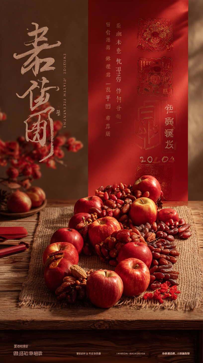 高级静物摄影海报，9:16。一张古朴的木桌上，丰盛的新年贡品（… - 图片创意预览