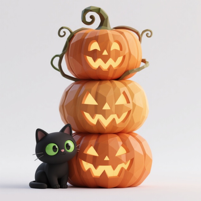 3D渲染风格的万圣节主题插画，白色背景，三个堆叠的南瓜造型改为具有雕刻感的立体南瓜灯，表面有细腻的纹理和渐变橙色，顶部南瓜有卷曲的藤蔓，每个南瓜都有独特的镂空笑脸（上层咧嘴笑、中层三角形眼、下层凶狠表情），两只黑色猫咪造型变为圆润可爱的3D模型，绿色眼睛带有光泽感，一只蹲在最下层南瓜侧面，一只趴在中层南瓜边缘，整体画面采用低多边形设计风格，边缘平滑，光影柔和，营造出节日的欢快氛围。预览效果