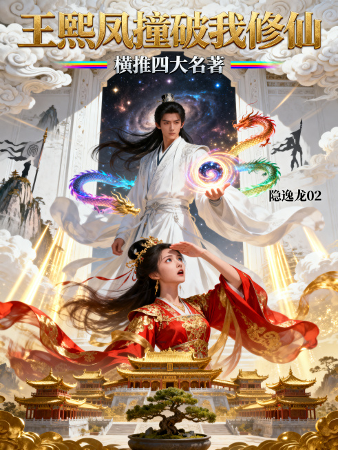 制作大气高燃爽文小说封面《王熙凤撞破我修仙》，横推四大名著，笔名：隐逸龙02。仙临红楼·气运横推主题，整体明亮璀璨光耀万丈。画面构图四层推进：最下方是一整片金碧辉煌缩小如盆景的贾府建筑群，飞檐斗拱层楼预览效果