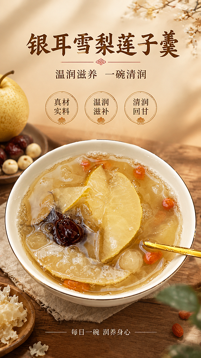 基于上传的银耳雪梨莲子羹图片，制作一张中式温润风格的竖版海报。保留原图中白瓷碗与羹汤的真实样貌，优化光影质感。背景为暖米色渐变与柔和木纹桌面。画面上方主标题"银耳雪梨莲子羹"，副标题"温润滋养 一碗清润"，三个圆形标签分别写"真材实料"、"温润滋补"、"清润回甘"，底部小字"每日一碗 润养身心"。版式精美，层级分明，暖调柔光，写实商业摄影，超高清。