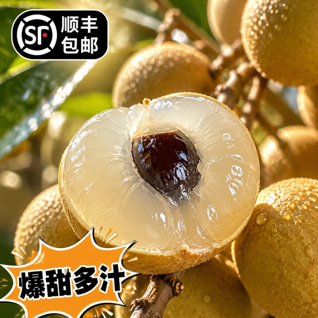 [主图-8] 展示半切面果实，突出水润多汁
[氛围风格] 诱人食欲，水润新鲜
[画质] 高清微距摄影，突出汁水感
[元素] 一颗石硖龙眼剥开一半果皮，露出完整莹润果肉，保持果肉晶莹水润质感和原果实一致预览效果
