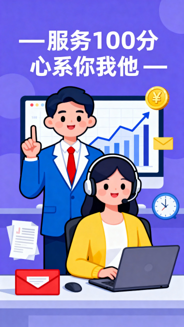 企业客服服务商务办公宣传竖版海报，扁平化矢量插画风格，现代商务卡通设计，画面主体：一位站立的男性商务人员，穿蓝白西装、红领带，抬手比出1的手势；一位坐着的女性客服，穿黄色开衫、白内搭，佩戴头戴式客服耳预览效果