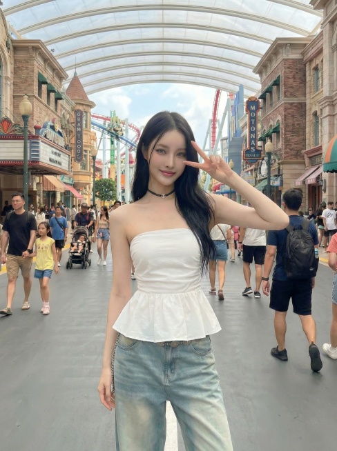 把图1白色上衣穿到图2模特身上，保持图2模特并保留图2背景和氛围预览效果