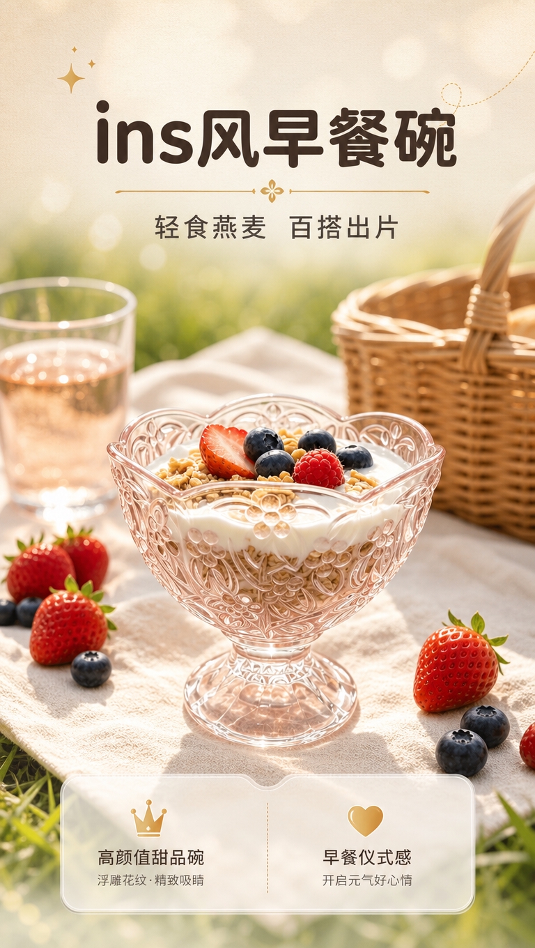 [商品] 使用【图4】浮雕粉晶高脚玻璃碗盛放酸奶燕麦水果；保留… - 图片创意预览