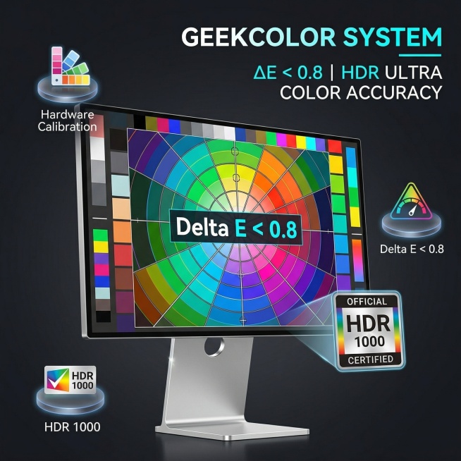 生成GeekColor色彩管理系统与超色准卖点图：使用您提供的这款28.2寸 4.5k全铝合金机身显示器，正面俯视角度摆放，产品支架保留金属质感，深色背景衬托屏幕色彩，屏幕显示彩色蜘蛛网校准图并标注D预览效果