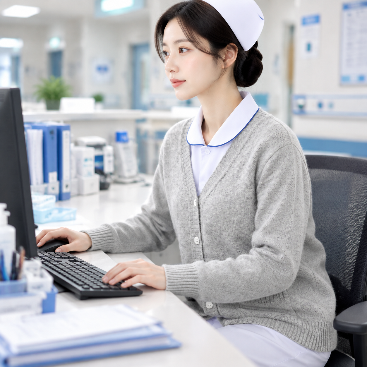 同一位亚洲年轻女护士，穿着同款浅灰色V领五扣针织开衫（内搭白色… - 图片创意预览