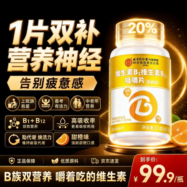 删除图中顶部的京东自营品牌标识LOGO，将底部文案'神经能量双补给'修改为'嚼着吃的维生素'，把价格39.9改成9.9，给产品瓶身和瓶盖增加20%光影效果，其他内容保持不变预览效果