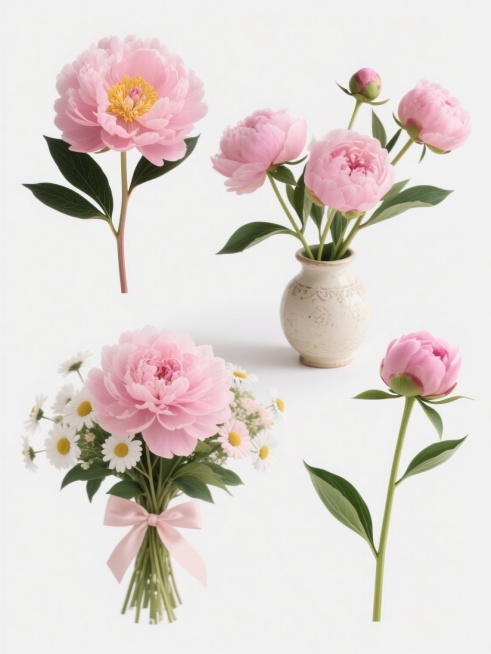 超写实摄影风格，纯白纯色背景，六款造型各异的粉色牡丹花元素规整排布组成系列素材集合。第一张为单朵盛开的粉色重瓣牡丹，花瓣层次丰富，边缘柔和内卷，中心黄色花蕊清晰可见，搭配两片深绿色带叶脉的叶片；第二张是三朵不同开放程度的粉色牡丹组成的花束，主花盛开，侧花半开，花苞含苞待放，花茎自然交错，底部点缀细小绿叶；第三张为复古陶瓷花瓶插满粉色牡丹花，花瓶呈米白色，瓶口有简约花纹，瓶中牡丹高低错落，部分花……预览效果