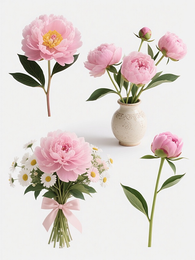超写实摄影风格，纯白纯色背景，六款造型各异的粉色牡丹花元素规整排布组成系列素材集合。第一张为单朵盛开的粉色重瓣牡丹，花瓣层次丰富，边缘柔和内卷，中心黄色花蕊清晰可见，搭配两片深绿色带叶脉的叶片；第二张是三朵不同开放程度的粉色牡丹组成的花束，主花盛开，侧花半开，花苞含苞待放，花茎自然交错，底部点缀细小绿叶；第三张为复古陶瓷花瓶插满粉色牡丹花，花瓶呈米白色，瓶口有简约花纹，瓶中牡丹高低错落，部分花朵探出瓶口，绿叶穿插其间；第四张是俯视角度的粉色牡丹特写，花瓣呈放射状展开，中心花蕊突出，叶片从底部两侧对称伸出；第五张为粉色牡丹与白色小雏菊搭配的混合花束，牡丹作为主花位于中心，雏菊围绕四周，花束用浅粉色丝带系成蝴蝶结；第六张是含苞待放的粉色牡丹花苞，外层花瓣微微张开，露出内部粉色花瓣层次，搭配较长的绿色花茎和多片嫩叶。所有元素均保持超写实质感，花瓣纹理细腻，色彩过渡自然，光影效果统一，边缘清晰无背景干扰，整体构图均衡，适合作为系列设计素材使用。
