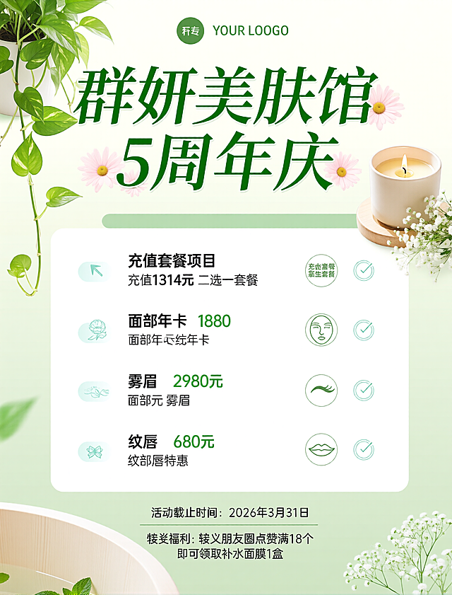 群妍美肤馆5周年庆活动海报，清新自然风格，薄荷绿+米白配色，背景是浅绿草本纹理，搭配绿植、香薰蜡烛、泡澡浴桶元素。顶部主标题'群妍美肤馆 5周年庆'用清新艺术字体，搭配花朵装饰。中间分板块展示活动内容：充值1314元二选一套餐、1880元面部年卡、298元雾眉、680元纹唇特惠，关键价格用绿色加粗突出，每个项目旁配小图标示意。底部标注活动截止时间2026年3月31日，以及转发点赞领面膜福利，整体风格清新治愈，贴近美容养生氛围，文字清晰易读。