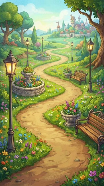 帮我生成图片：比例 「9:16」，一条路伸向远方，场景有花，草，路灯，花坛，板凳，由近到远的构图，游戏平面宣传画的风格，预览效果