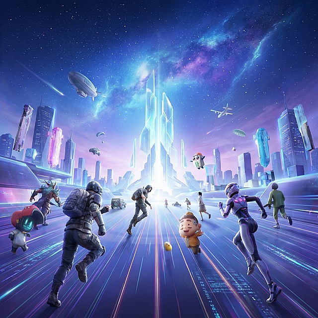 参考原图赛博科幻风格，蓝紫渐变星空背景，融入多种不同游戏角色，科幻城市建筑，发光速度感线条，正方形构图，无任何文字，保持和原图一致的质感氛围