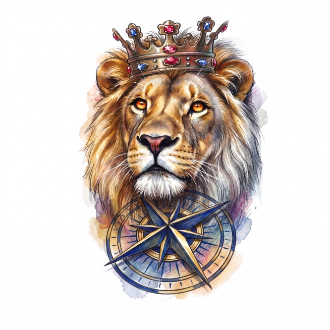 将戴皇冠的狮子与罗盘纹身图渲染为艳丽彩色擦画风格：狮子毛发采用金棕+银灰高光渐变，眼睛为琥珀色；皇冠镶嵌红宝石与蓝宝石，金属部分呈古铜光泽；下方罗盘指针与刻度为深蓝+金色，背景保持纯白色，整体笔触柔和预览效果
